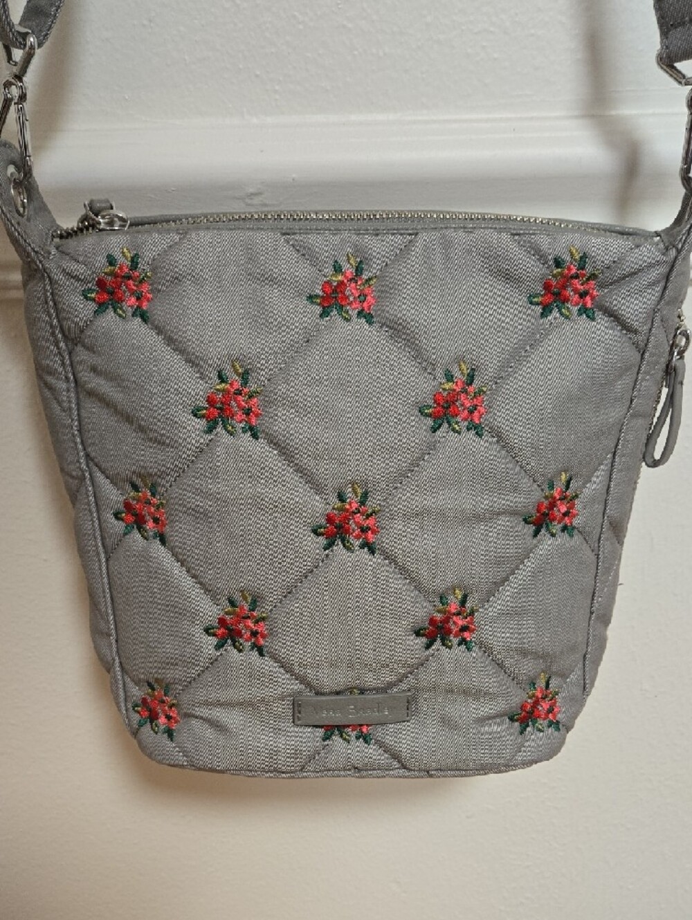 Vera Bradley Quilted Gray Crossbody with Red Floral Embroidery - Picture 8 of 9